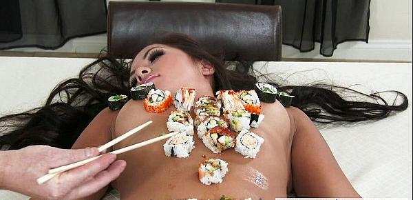  Beauty asian Morgan Lee serve sushi on her naked body